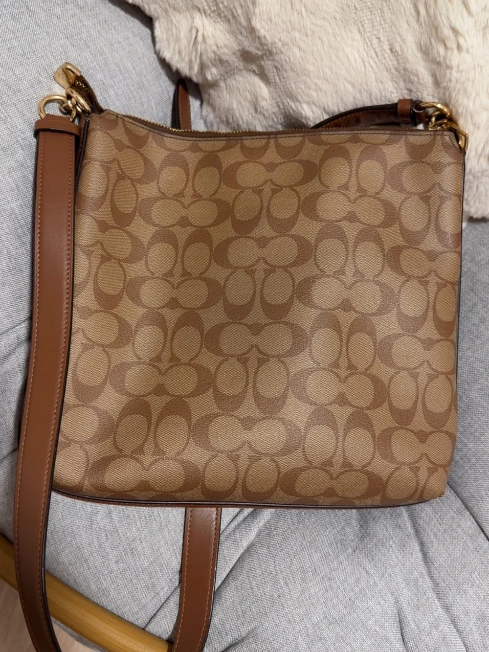 Coach Tan/Brown Signature Canvas Crossbody with Leather Trim